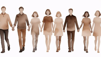 Watercolor illustration of a group of people walking hand-in-hand.