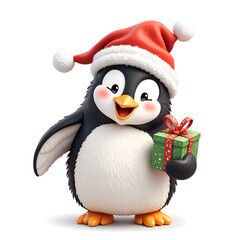 Fototapeta premium Cheerful penguin in santa hat holding a gift, perfect for holiday celebrations and christmas themed designs, digital illustration of character design concept.
