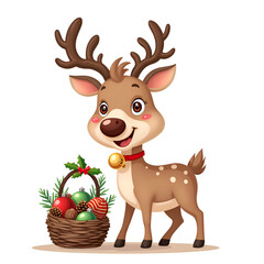 Fototapeta premium Cute cartoon reindeer with a christmas basket full of ornaments and holly leaves, digital art of character design concept.
