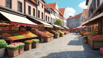 Fototapeta premium Cute charming market square scene concept for background