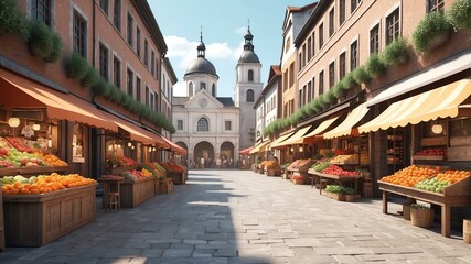 Naklejka premium Cute charming market square scene concept for background
