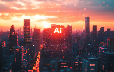 Naklejka premium Modern urban architecture and Ai artificial intelligence technology theme background 