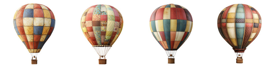 Fototapeta premium Set of PNG file vintage hot air balloon made of patchwork fabric on a transparent background,
