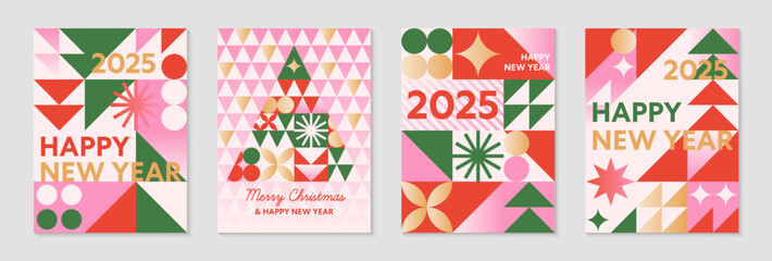 Naklejka premium Christmas and Happy New Year greeting banner templates.Festive vector backgrounds with abstract christmas tree and winter holiday symbols.Holiday designs for branding,invitations,prints,smm,covers