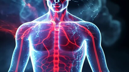 Explore the intricate network of human veins and arteries illuminated in vibrant colors at night near a digital landscape - Powered by Adobe