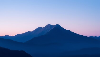 Wallpaper showcasing a minimalist mountain landscape with subtle gradients in blue and purple hues, capturing a tranquil, Windows-style horizon at dawn.