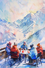 Fototapeta premium Snow-covered alpine village with mountains in the background and people enjoying winter activities in soft pastel light