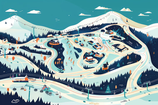 Ski resort trail map with various slopes marked, surrounded by snowy mountains and ski village