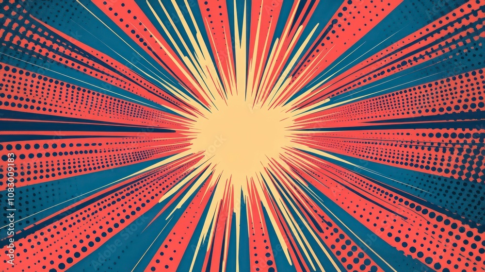 Poster abstract radial burst background in retro comic book style with halftone dots and red and blue color