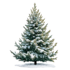Fototapeta premium Snow covered pine tree on alpha layer. Green fir with white winter snow. Spruce isolated on transparent backdrop for Christmas holiday season. Christmas tree design element. Winter forest decor. Png.