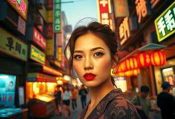 Obraz premium A vibrant 1980s Korean street scene transforms into a captivating close-up, where a stunning fashion model emerges amidst the bustling cityscape, surrounded by neon lights.