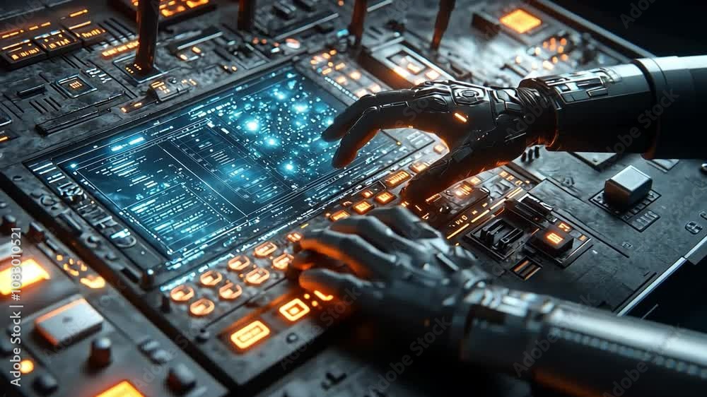 Poster a robotic hand navigates a high-tech interface with data and interactive features