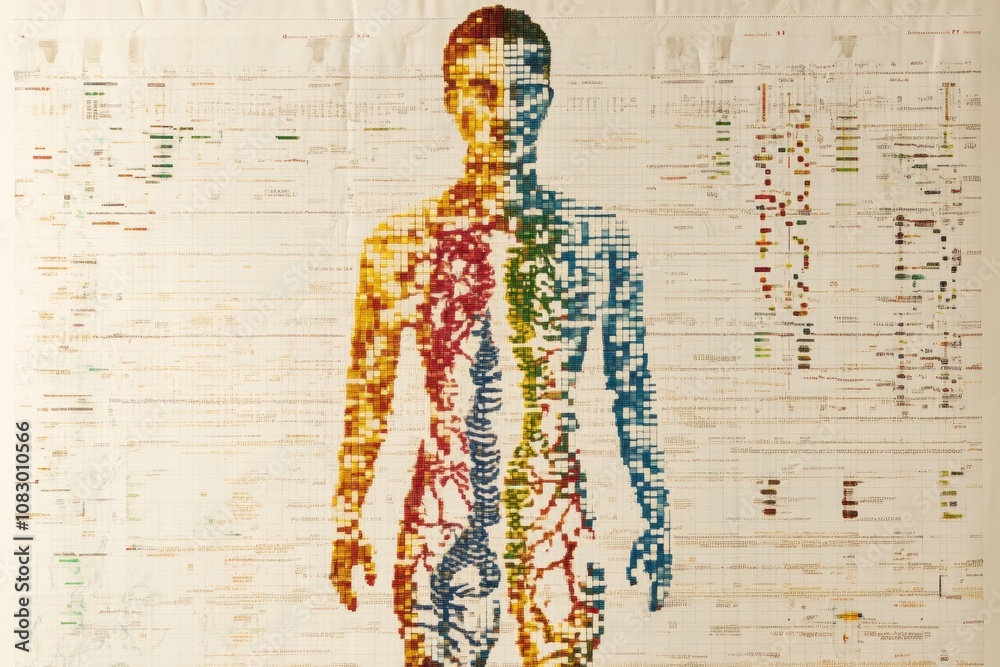 Aufkleber A silhouette of a person stands prominently against a backdrop of genetic code, highlighting the intersection of DNA and humanity. Generative AI