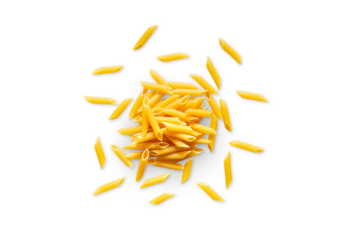 Closeup of a pile of organic penne pasta isolated on a transparent background with shadow from above, top view