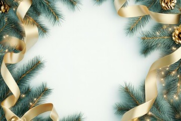 Naklejka premium Elegant frame of Christmas tree branches and golden ribbons