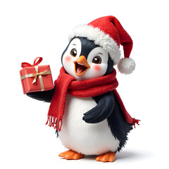 Fototapeta premium Cheerful penguin in a santa hat holding a christmas gift with a red scarf, digital illustration of character design concept.