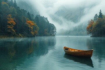 A Serene Boat Drifts Through Thick Fog on a Tranquil Lake Surrounded by Misty Trees at Dawn