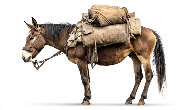 Pack mule isolated on a white background, hardworking and sturdy animal, traditionally used for carrying heavy loads over long distances