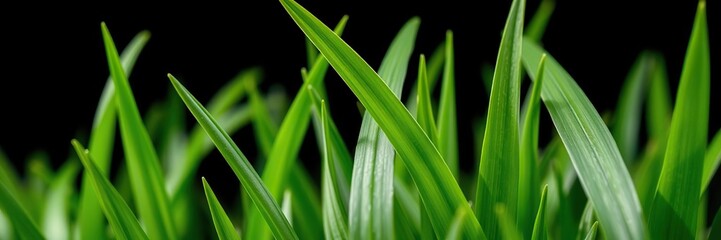 Close-up of vibrant green grass flower isolated on dark background, summer, Grass