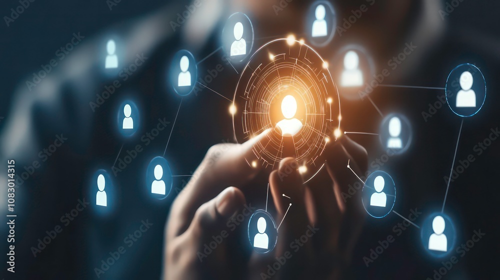Leinwandbilder Person holding a glowing circle with a network of connected people icons, representing social media networking and connection.
