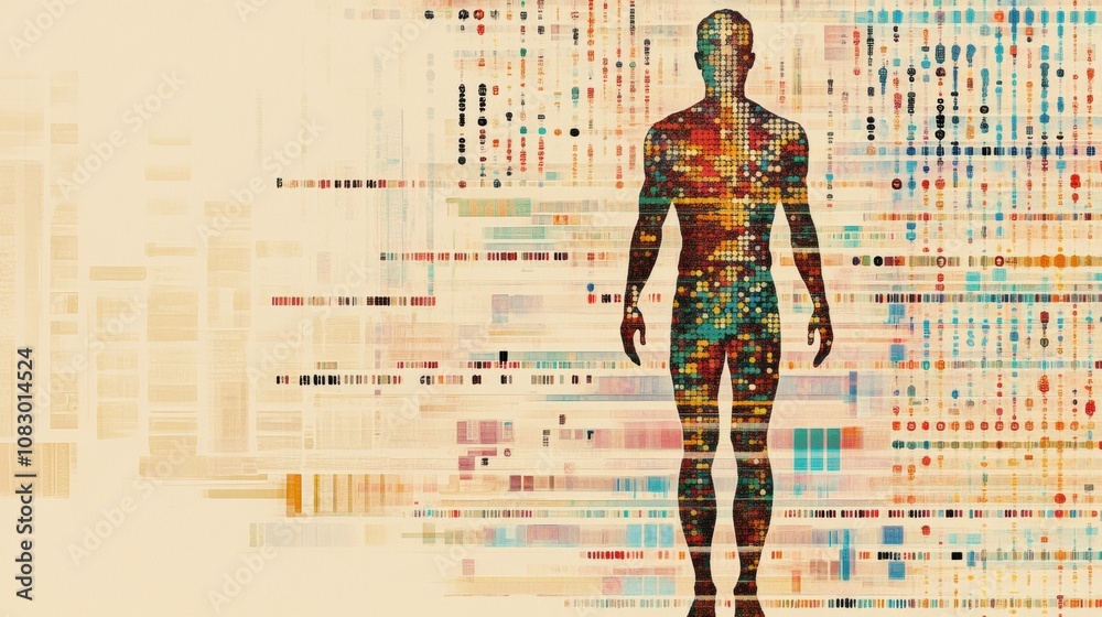 Poster a human silhouette is layered over vibrant dna sequences, symbolizing the intersection of genetics a