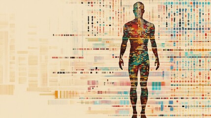 A human silhouette is layered over vibrant DNA sequences, symbolizing the intersection of genetics and human identity. Generative AI