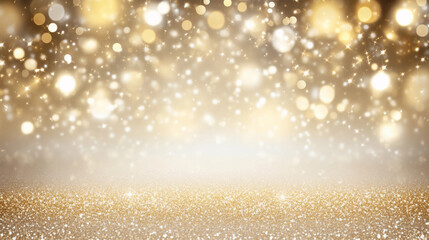 Goldeneer Hintergrund mit Bokeh Licht und leuchtenden Sternen für Weihnachten Silvester oder Geburtstag