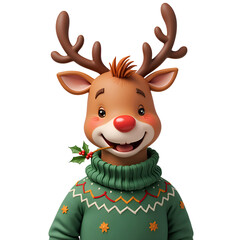 Obraz premium Cheerful cartoon reindeer in a cozy sweater with holly perfect for festive celebrations and winter themes, digital art of character design concept.