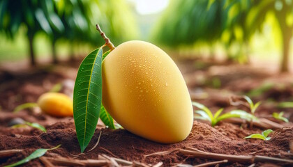 closeup ripe yellow mango fruit in a mango farm with leaves