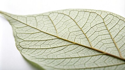 Close-up shot of a single macro leaf with intricate details and veins on a plain white or gray background, photography, close-up, foliage, greenery