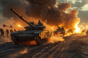 Military Forces Unite on a Desert Battlefield With Tanks Advancing and Missiles Launching Under Harsh Sunlight in a World War 3 Scenario