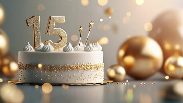 Golden number 15 on white cake with balloons and confetti in background. Celebration event decoration.