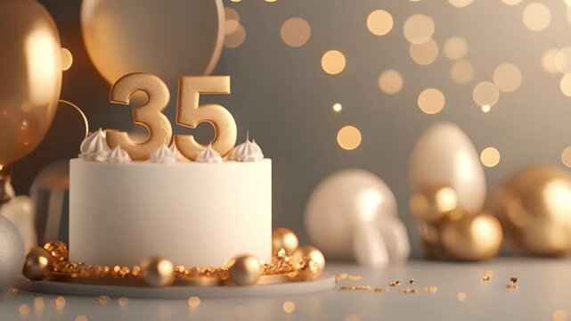 Golden number 35 on white cake with balloons and confetti in background. Celebration event decoration.