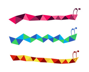 Three colorful snakes in geometric triangles shapes isolated on white background. Cartoon flat style.