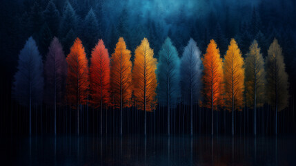 Fototapeta premium Abstract enchanted forest where the trees are reflecting a rainbow of colors from a radiant sky