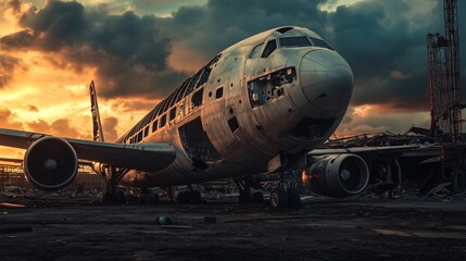 Obraz premium A derelict airplane sits on a runway at sunset, its fuselage riddled with holes.