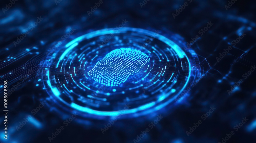 Poster A glowing blue fingerprint inside a circular digital ring, representing digital security and identity.