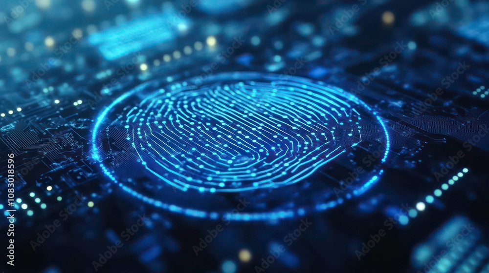 Fototapete Modern Technology Concepts: Cybersecurity, blue and circle of technology with biometrics to scan for personal identification