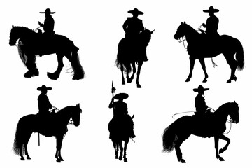 vaqueros, caballos, toro, cuernos, arbol, pony, cabalgata, cambo, arbol, ramas, vector, contraluz, atardecer, charros, mexico, jalisco