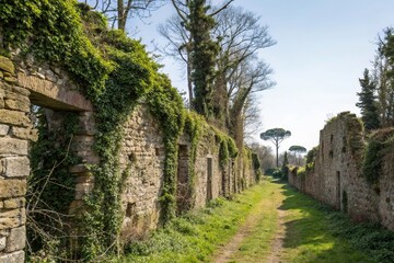 Fototapeta premium Crumbling stone walls with vines and moss, foliage, distress retro