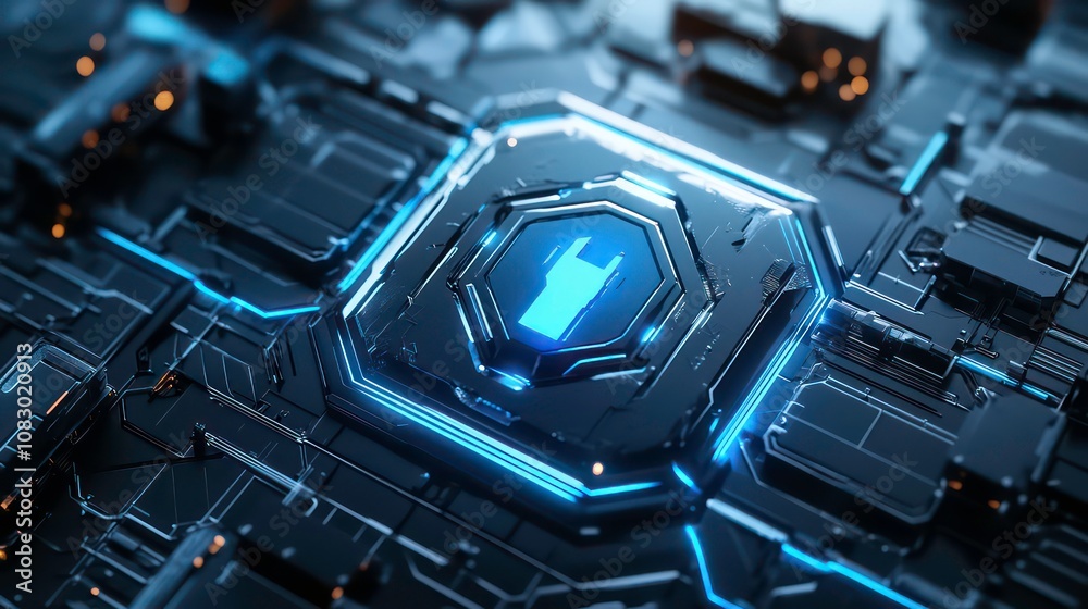 Poster futuristic digital interface with a glowing blue lock symbol in the center of a circuit board.