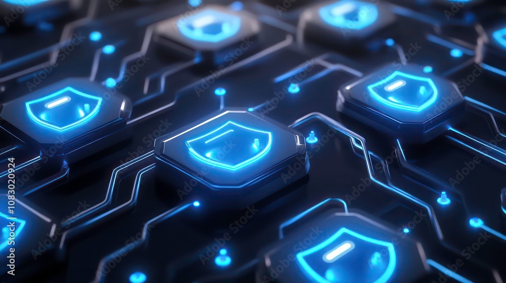 Poster modern 3d graphic with abstract blue futuristic guard shields in power buttons protection, cyber sec
