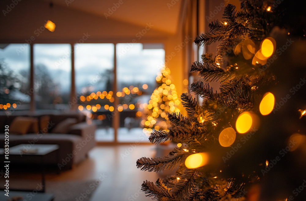Poster a softly lit christmas tree stands in the foreground, its warm lights contrasting against a blurred 