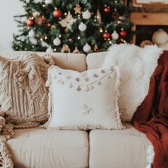White pillow mockup on red backgorund with Christmas decorations