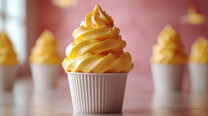 Golden Swirls of Sweet Delight: A delectable closeup of a creamy, golden yellow frozen dessert in a white cup, invitingly poised against a pink backdrop with blurred festive decorations.  