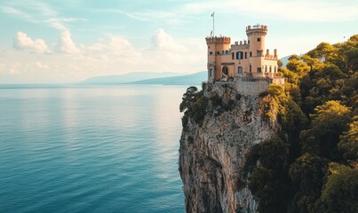 Naklejka premium A magical castle perched on a cliff overlooking the ocean