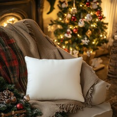 White pillow mockup on red backgorund with Christmas decorations