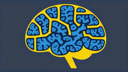 Fototapeta premium Abstract illustration of a brain with yellow and blue shapes representing its complexity and internal structure.