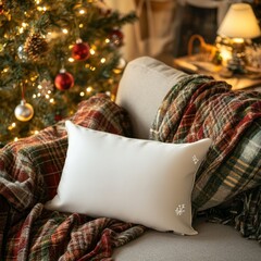 White pillow mockup on red backgorund with Christmas decorations