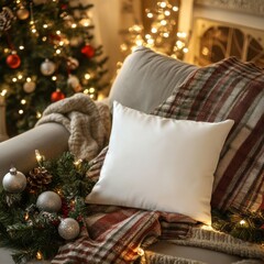 White pillow mockup on red backgorund with Christmas decorations